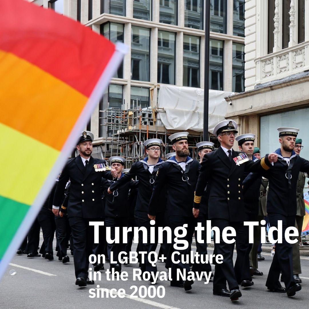 Turning the Tide front cover showing the Royal Navy marching at Pride with rainbow coloured flags held by the audience